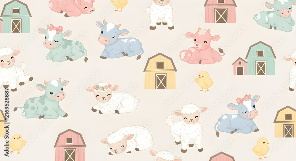 Fototapeta premium Cute Pastel Farm Animals and Barns Seamless Pattern Baby Nursery Background