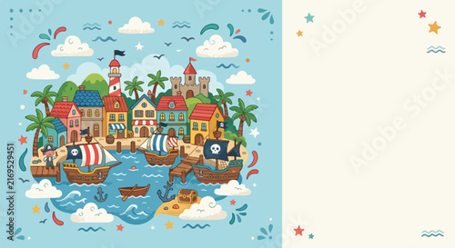 Obraz na płótnie A colorful vector illustration of a pirate town on an island with ships, colorful houses, and blank space for text