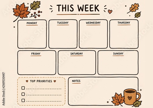 Simple Autumn Weekly Planner Template with Daily Boxes and Priorities. Simple autumn themed weekly planner template featuring spacious daily planning boxes, top priorities and notes sections.