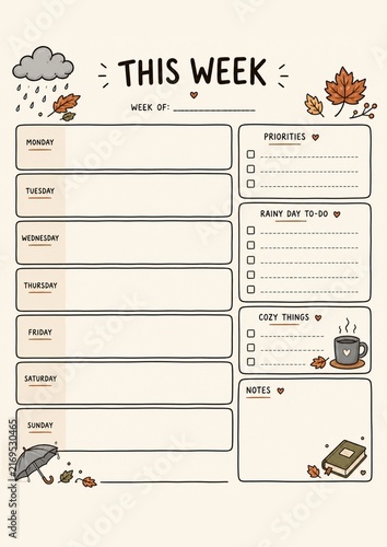 Rainy Autumn Weekly Planner Template with Priorities and Cozy To Do List. Rainy autumn themed weekly planner template featuring daily planning sections, priorities, rainy day tasks, cozy activities.
