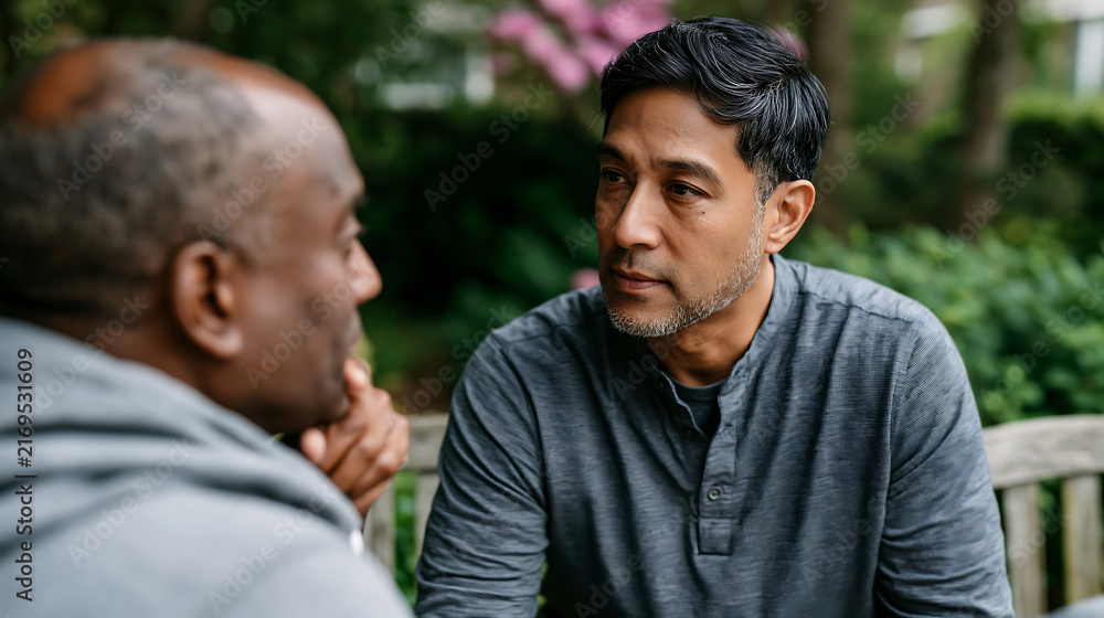 Fototapeta premium diverse group of friends talking together in park setting, male bonding and social support concept
