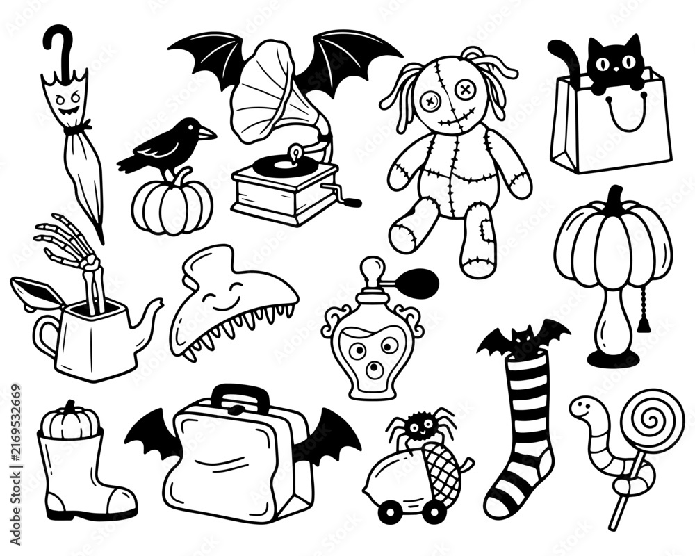 Naklejka premium Quirky Halloween Hand Drawn Doodle Collection with Voodoo Doll, Black Cat, Pumpkin Lamp and Spooky Vintage Objects