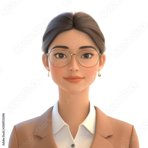 Professional business woman 3d cartoon avatar wearing glasses and smiling with confidence suit