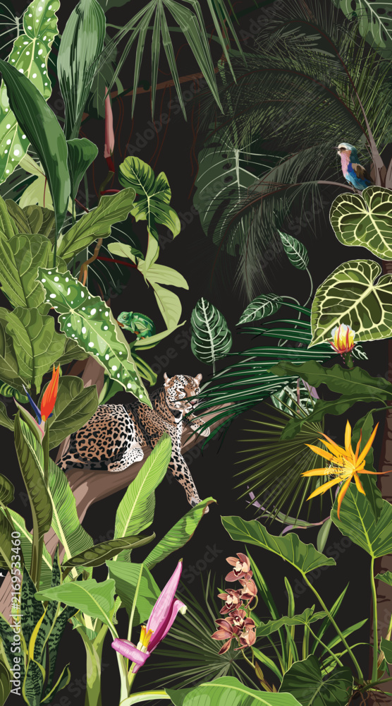 Fototapeta premium Tropical botanical vertical illustration, many kind of exotic orchids flowers leopard animal, plant floral border background. Exotic green jungle wallpaper.