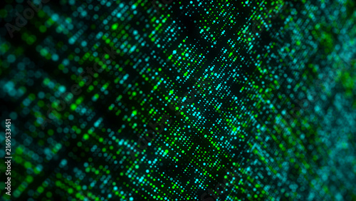 Futuristic green dots background. Abstract glitch background. Corrupted binary code. Technology of many glowing particles. Artificial intelligence. Big data visualization. 3d rendering.
