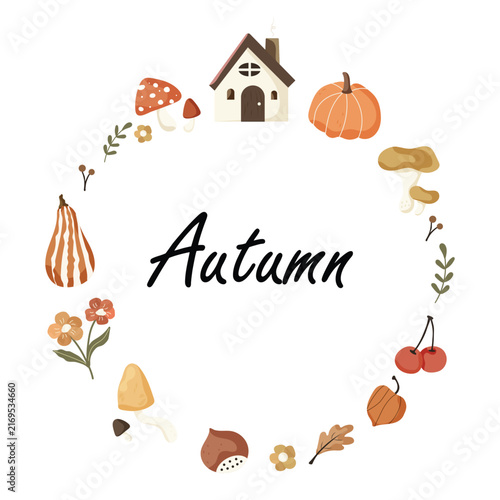 Cute Autumn Frame with Cozy Cottage, Pumpkins, Mushrooms and Fall Elements