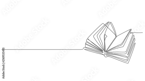 animated continuous line drawing of open book with fanning pages, education, knowledge, reading and literature line art animation