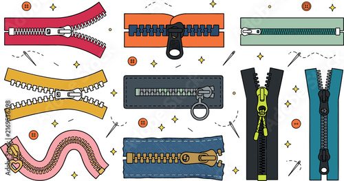 Clothing zipper vector set featuring colorful open closed plastic metal slider teeth wavy sewing fasteners buttons needles and denim garment accessories