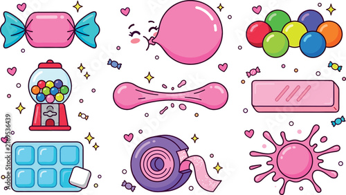Bubble gum and candy vector set featuring gumball machine wrapped sweets pink bubble blowing emoji tape rolls blister packs and splash icons
