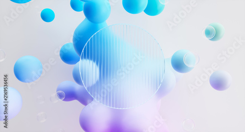 Abstract 3d background with colorful geometric spheres and circle glass.