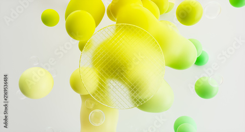 Abstract 3d background with colorful geometric spheres and circle glass.
