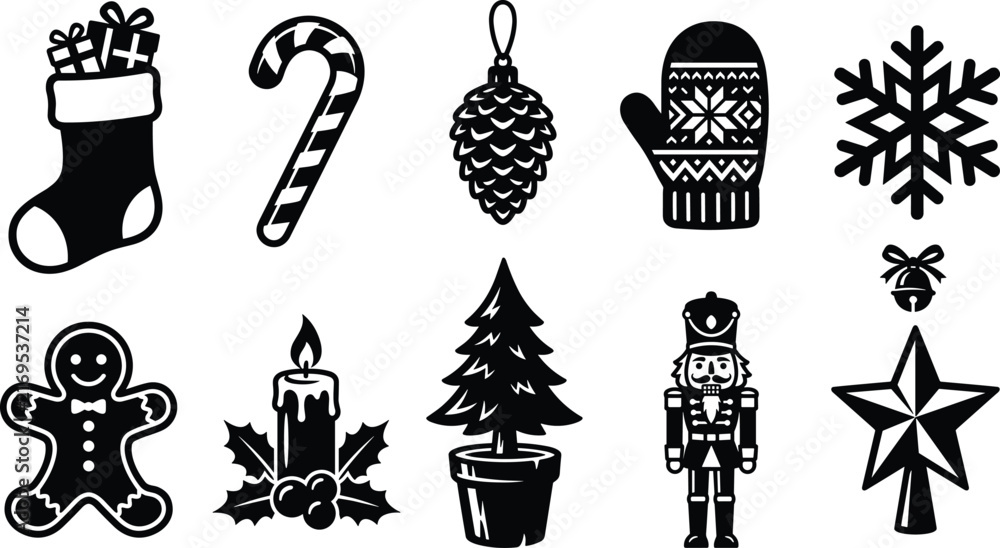 Fototapeta premium Christmas Winter Holiday Silhouette Icon Set Featuring Stocking Candy Cane Pinecone Mitten Snowflake Gingerbread Tree Nutcracker and Star