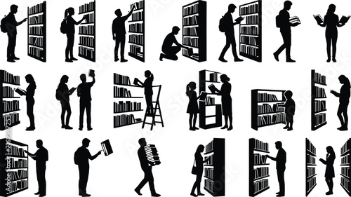 Library People and Bookshelves Silhouette Collection