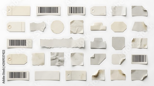 Clean white torn adhesive labels and paper tags with barcodes on a white background paper scraps blank tags vintage tags shipping tags paper collection shopping tags retail tags paper texture