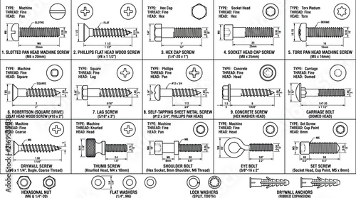 Quadro su tela Technical blueprint diagram chart of industrial screws bolts nuts washers and an