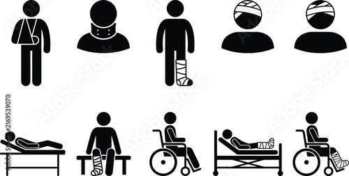 Foto Trauma patient injury and accident recovery glyph icon set featuring bandage sli