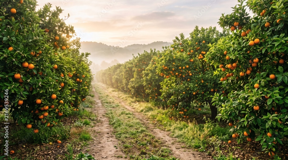 Naklejka premium Beautiful morning sunlight shining over a lush orange orchard with ripe fruit on trees.