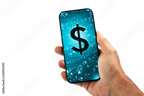 Hand holding smartphone with Dollar sign currency symbol on screen