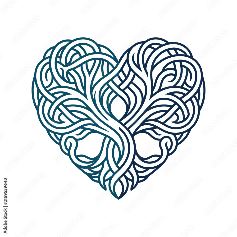 Fototapeta premium Intertwined Heart Shape with Tree of Life Roots and Branches Line Art