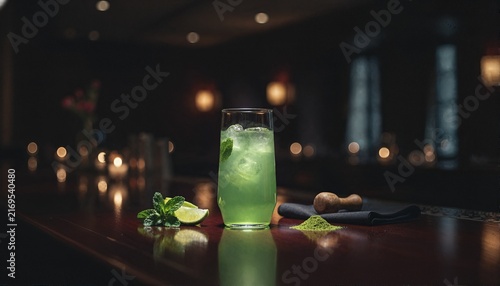 Sophisticated herbal green drink on a dark mahogany bar in a luxury lounge