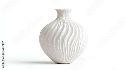 Minimalist White Textured Ceramic Vase With Wave Patterns On A Pure White Background High Key Studio