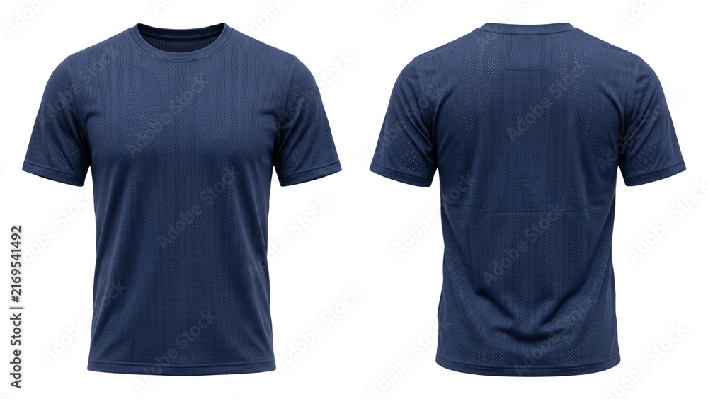 Fototapeta premium Dark blue athletic performance mesh t shirt front and back view isolated on transparent background for sports apparel design and activewear branding mockups