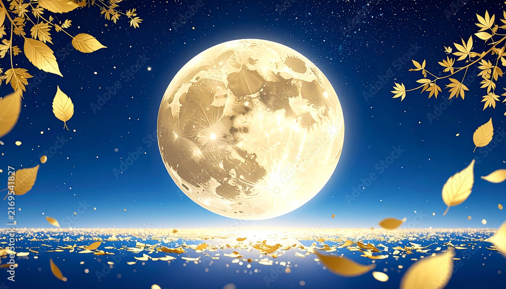 Naklejka premium 満月と黄金色の葉が舞う夜空の背景素材 中秋の名月や秋のイベントに活用できるコピースペース付きの幻想的で美しい月夜のイラストレーション