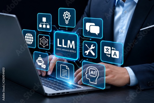LLM and Generative AI Concept with Businessman Working on Laptop and Virtual Artificial Intelligence Interface