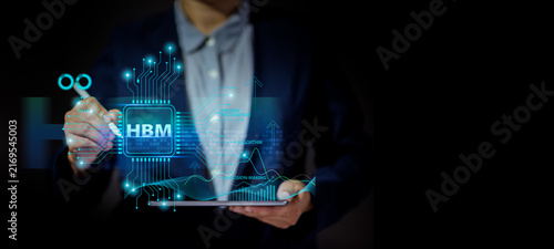 Canvastavla Corporate executive points stylus toward high bandwidth memory hologram on digit