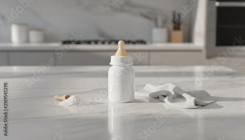 White infant nursing bottle on a clean marble kitchen counter with formula powder