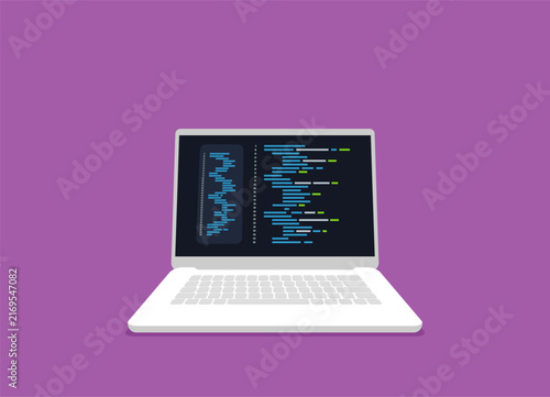 Software development and programming, program code on laptop screen, big data processing, computing isometric