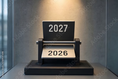 Minimalist style black desk flip calendar changing from year 2026 to 2027.