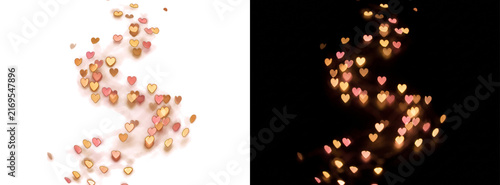 Romantic Heart-Shaped Gold and Pink Sequins Forming the Letter S on White and Black Backgrounds