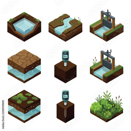 Isometric Peatland and Soil Moisture Vector Icons for Wetland Conservation and Environmental Management