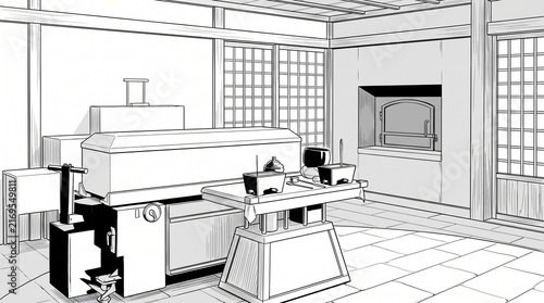 Obraz na płótnie 火葬場の告別室と棺を描いたモノクロ漫画背景