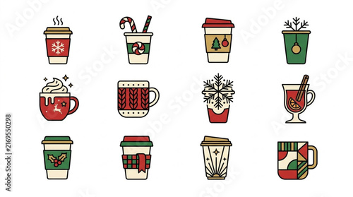Colorful Holiday Coffee and Tea Cup Illustrations Set.
