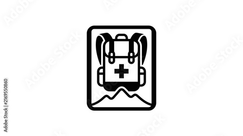 Emergency First Aid Medical Backpack Icon with Mountain Landscape Background