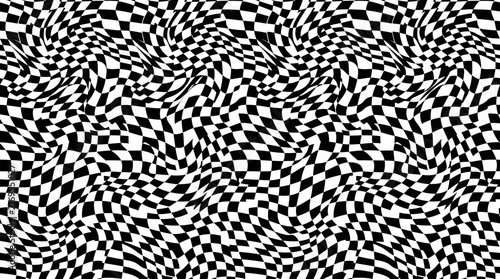 Pattern creates an optical illusion with black and white checkerboard squares featuring abstract
