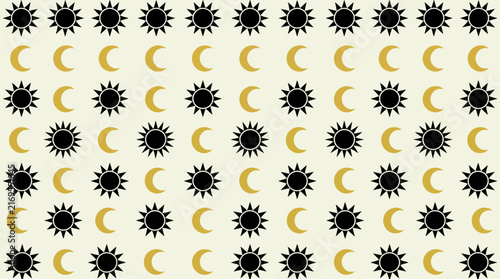 Sunburst and moon pattern design with geometric shapes and golden accents featuring celestial