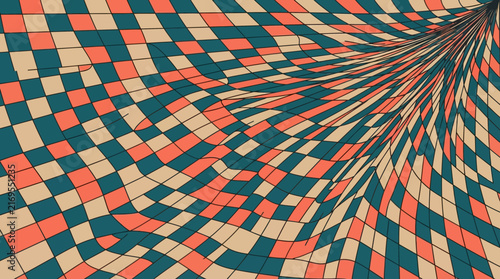 Warped square tile pattern with distorted perspective and optical illusion design