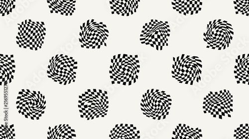 Warped squares optical pattern design with checkerboard elements and swirling distortions