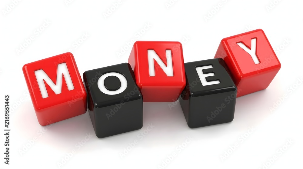 Obraz premium Money text spelled with colorful plastic blocks on a white surface.