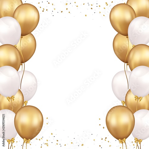 Golden Party Balloons Frame with Gold and White Glossy Balloons for Birthday Celebration and Festive Holiday Decoration