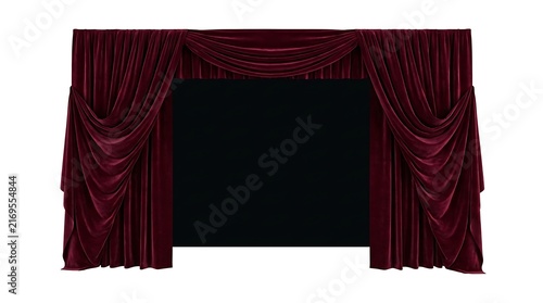Elegant Dark Red Velvet Theater Curtains Isolated on White Background.