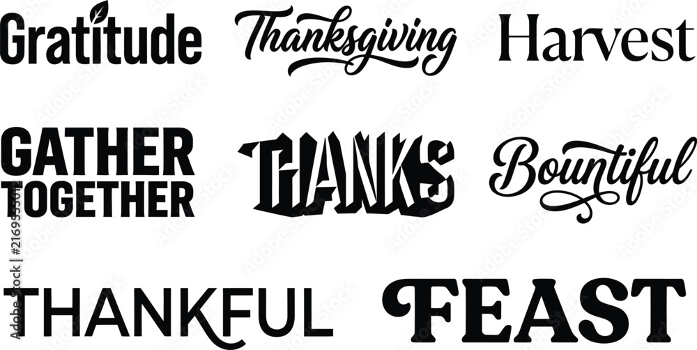 Fototapeta premium Collection of thanksgiving themed typography designs for holiday greeting cards and decor