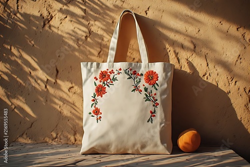 IA generated Peruvian embroidered tote bag mockup on adobe. Ethical fashion branding template with golden hour warm light.
