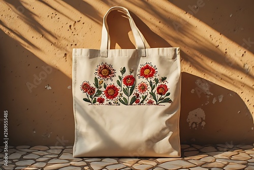 IA generated Peruvian embroidered tote bag mockup on adobe. Ethical fashion branding template with golden hour warm light.
