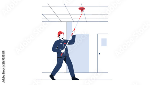 Fire safety inspector uses an extended rod to test the smoke detector on the ceiling of a modern office building interior hallway.