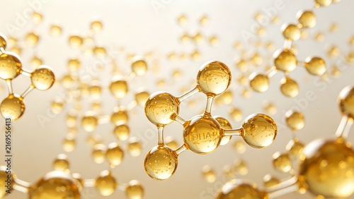 DHA fatty acid molecular structures naturally suspended in a clear, golden-yellow nutritional oil.