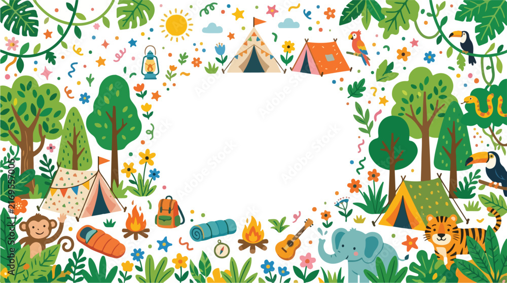 Naklejka premium A colorful jungle camping illustration frame featuring tents, wild animals, campfires, and vibrant tropical flora around a blank center.